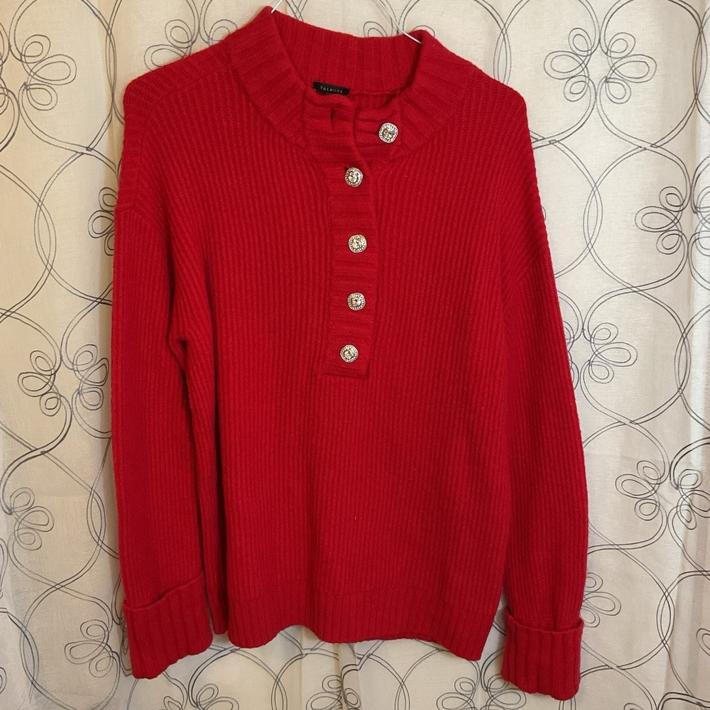 Talbots‎ Sweater Women's Red Jewel Button Henley Pullover Rib Knit Size Medium